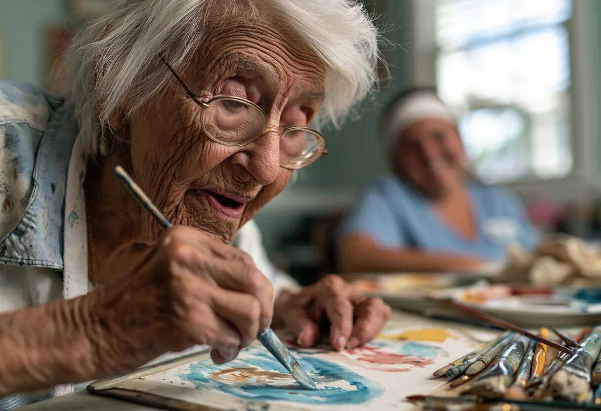 Two senior women laughing together while painting with watercolors at a craft table.