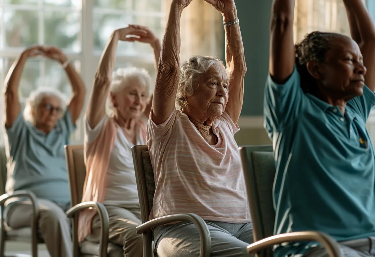 A group of seniors seated in a circle of chairs, arms raised overhead, following a gentle exercise class.