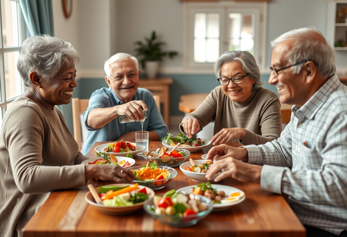 Seniors sharing a family-style lunch of colorful, fresh dishes around a dining table.