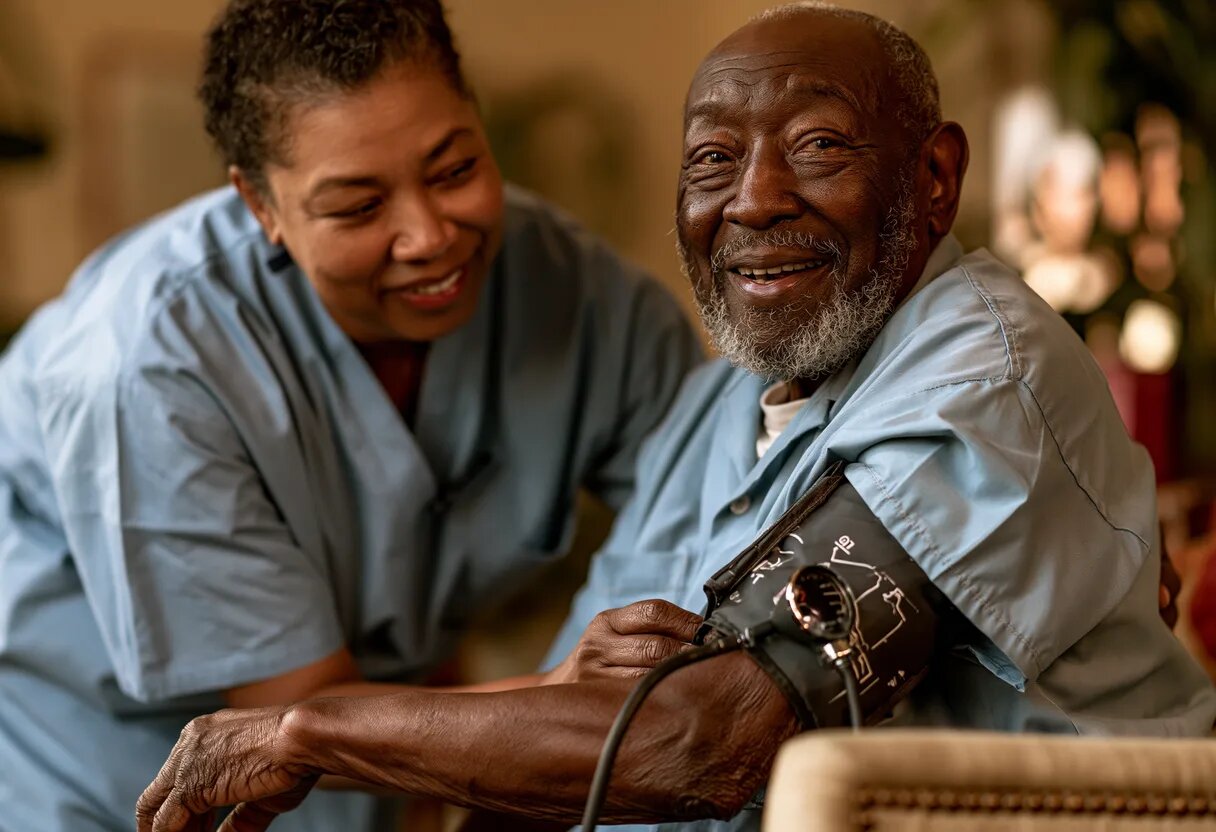 A nurse kneels beside a seated senior man, checking his blood pressure while both smile.