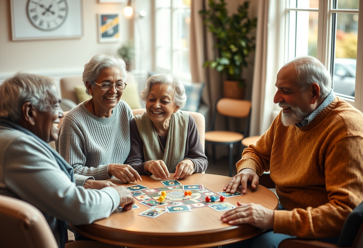 Four seniors playing a lively board game together at a table in a cozy sitting room.