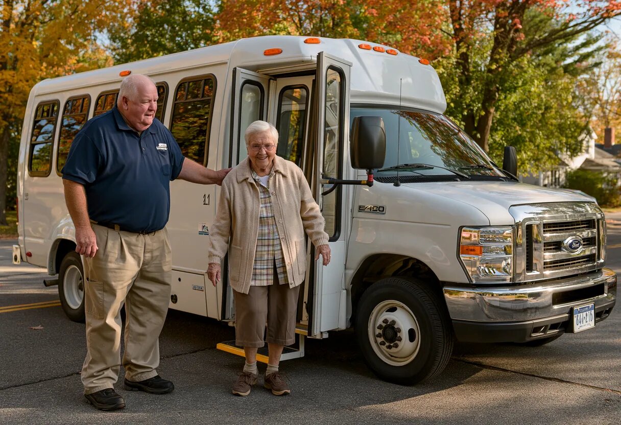 A senior woman steps off an accessible white shuttle van with a ramp, parked on a leafy street in autumn.