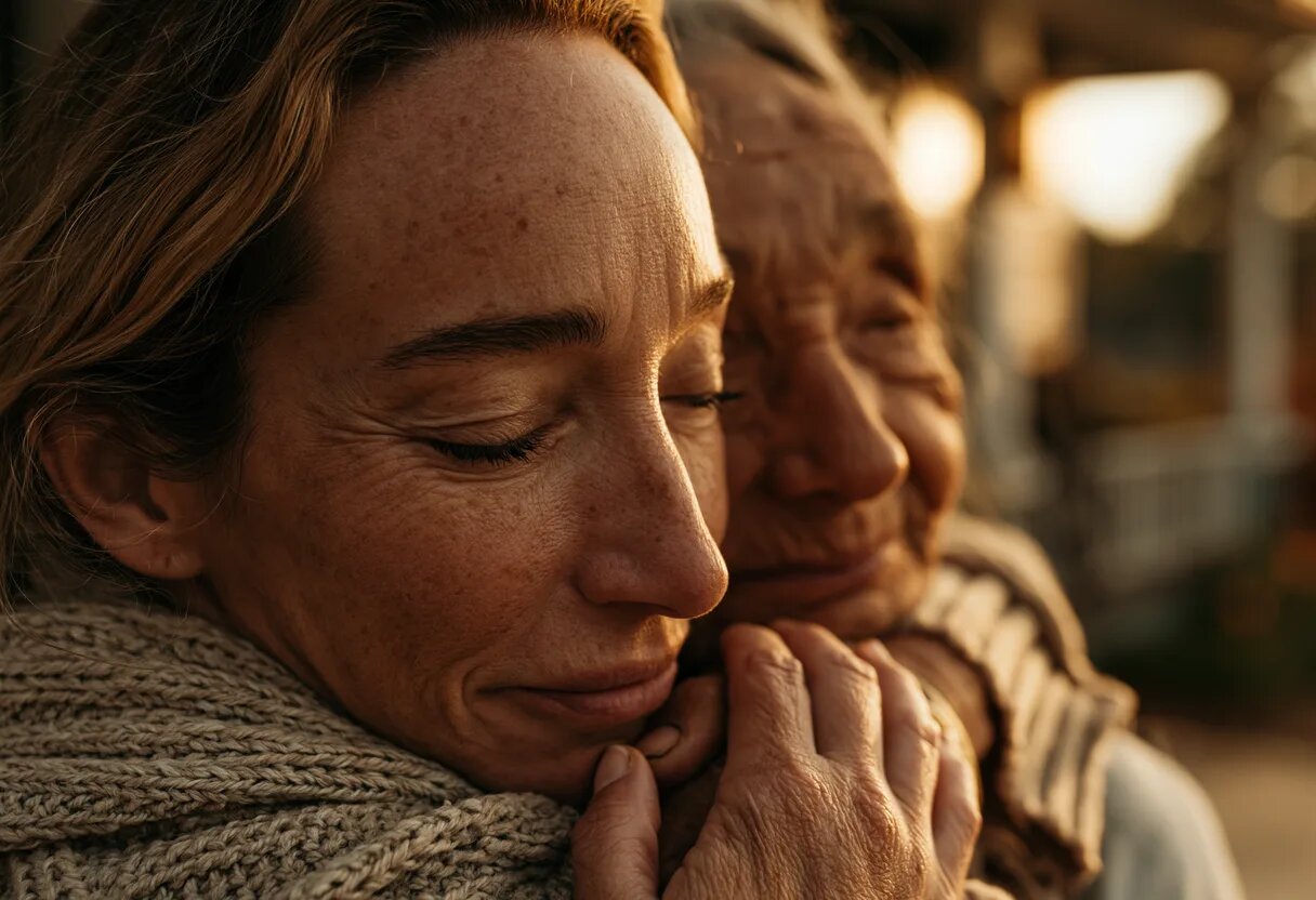 An adult daughter hugs her elderly mother from behind on a sunlit front porch, both laughing.