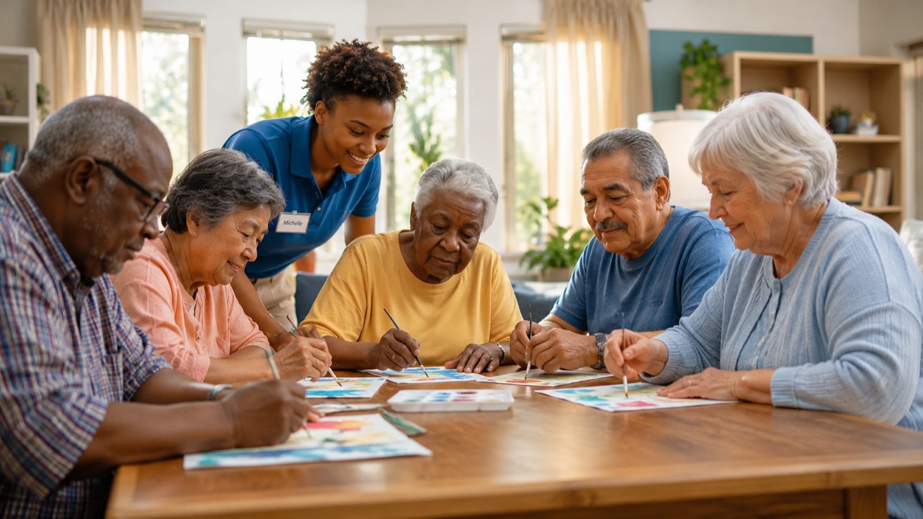 Seniors seated around a large table doing watercolor painting together in a bright, sunlit activity room while a staff member in a blue polo leans in to help.