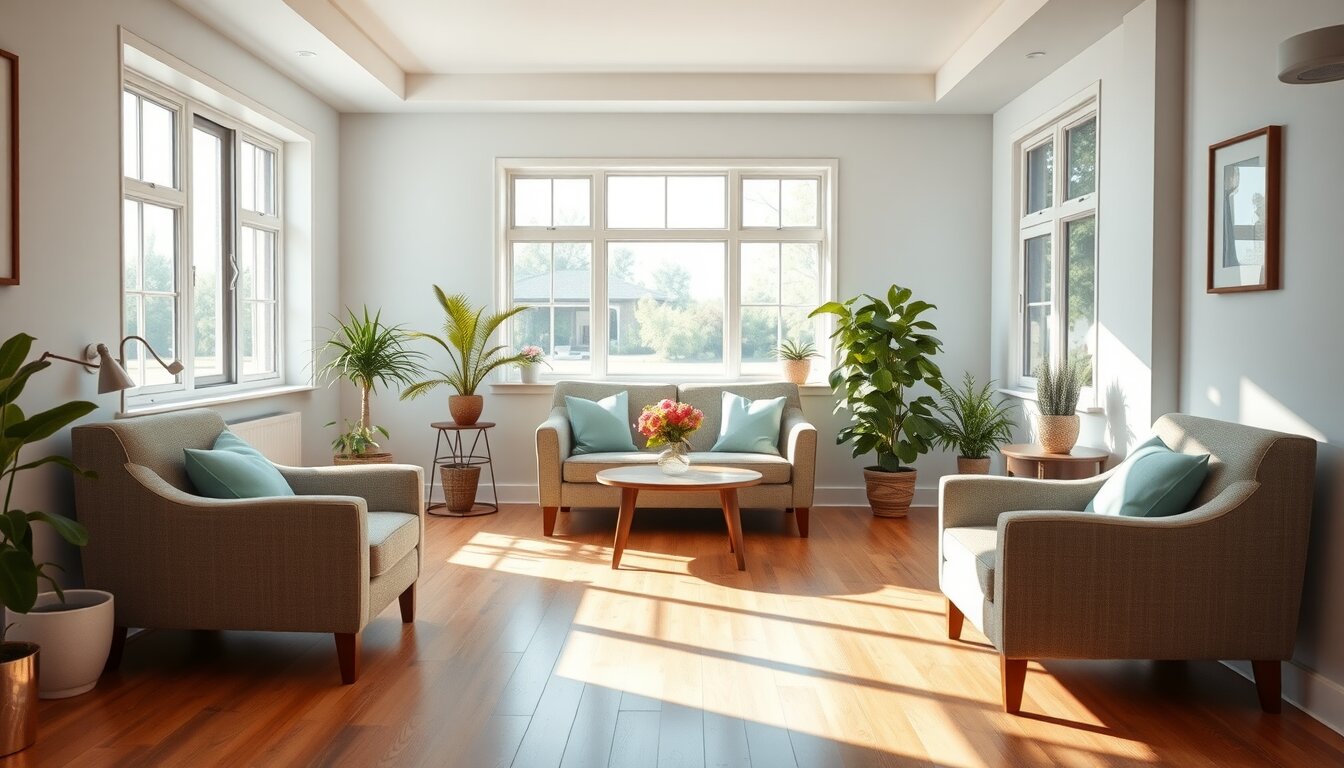 A bright, home-like lounge at the center with comfortable armchairs, plants, and large sunny windows.