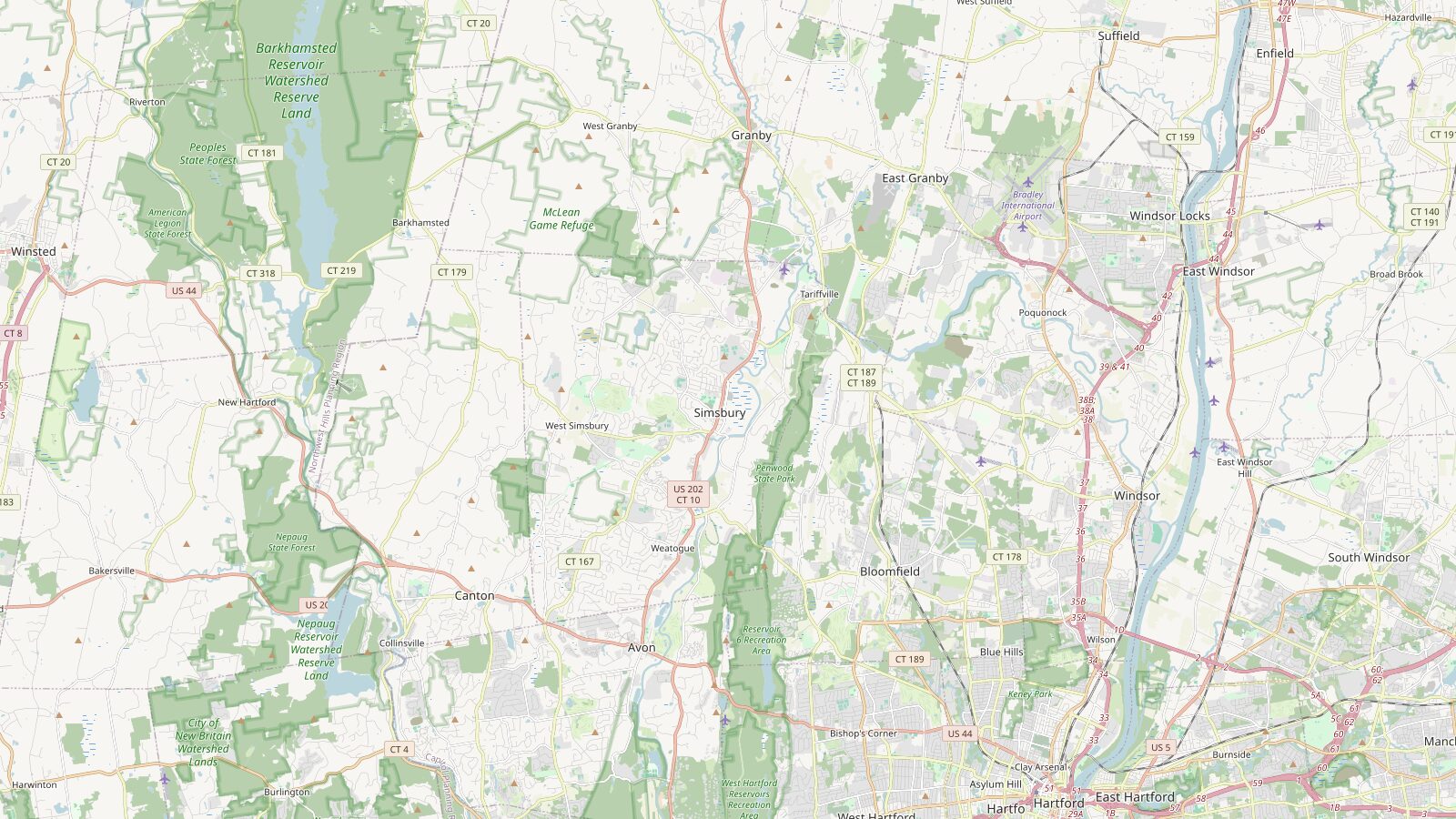 Map of the Greater Hartford area showing both Oxford Adult Day Center locations, in North Canton and Bloomfield