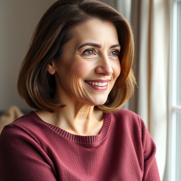 Maria G. — a woman with shoulder-length brown hair smiling warmly by a window.