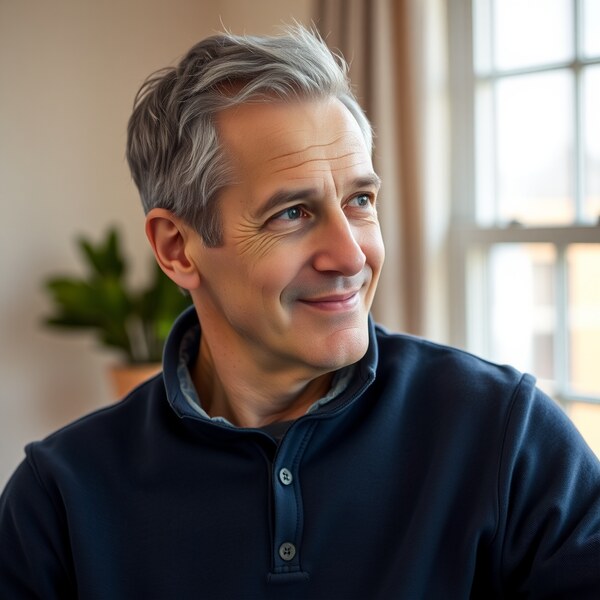 James R. — a man with silver hair in a navy pullover, smiling toward the window light.