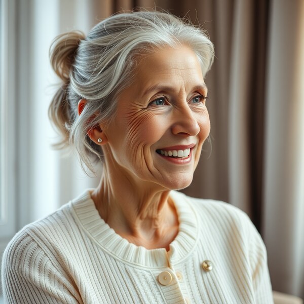 Patricia W. — a senior woman with white hair pulled back, smiling softly in a cream cardigan.